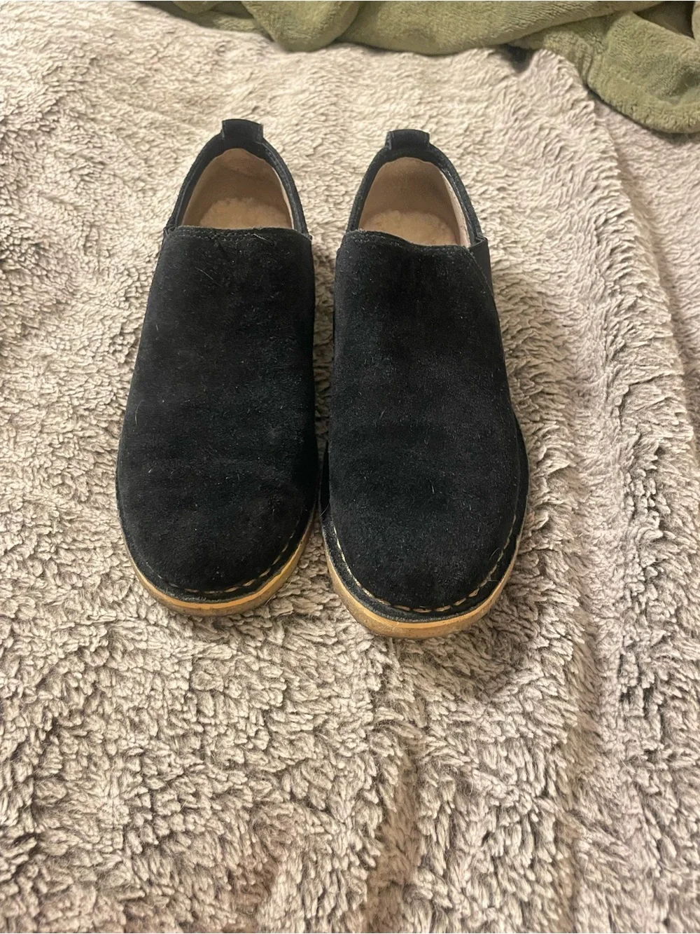 UGG Black Suede Slip-On Loafers with Tan Contrast Sole